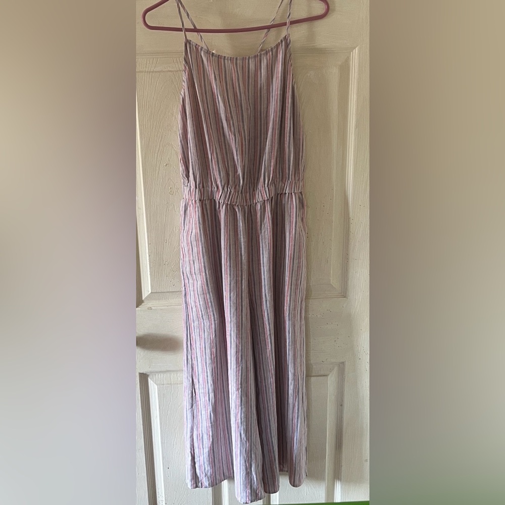 LOFT Women’s Striped Wide Leg Jumpsuit in Beige with Coral & Navy Stripes Small.